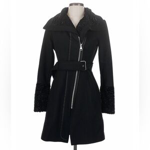 Guess Black Belted Wool-Blend Trench Coat with Faux Fur Trim Size Medium